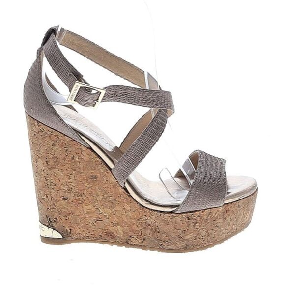 Jimmy Choo Portia Lizard Leather Cork Platform Taupe Strappy Wedge Sandals 34 - Picture 1 of 8
